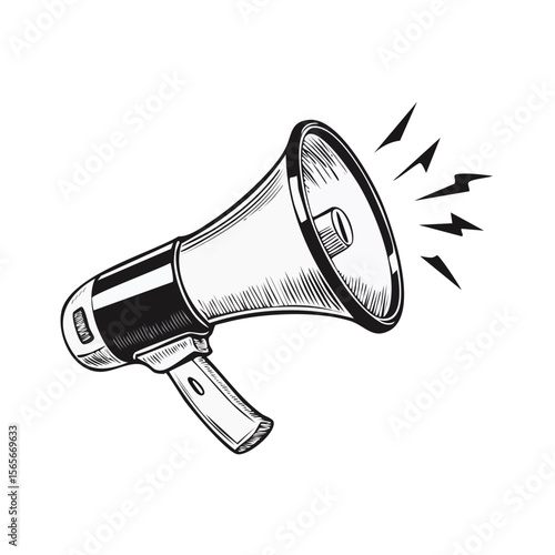 Monochrome illustration of a megaphone, loudspeaker, bullhorn with sound waves on a black background, announcement design, promotion concept, advertising symbol