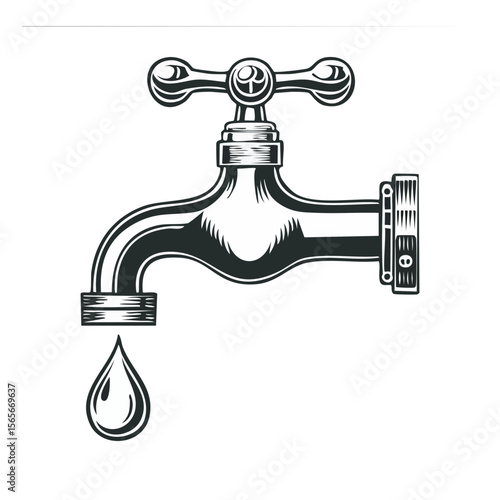 Vintage style faucet with water drop isolated on black background antique plumbing fixture liquid conservation white on black