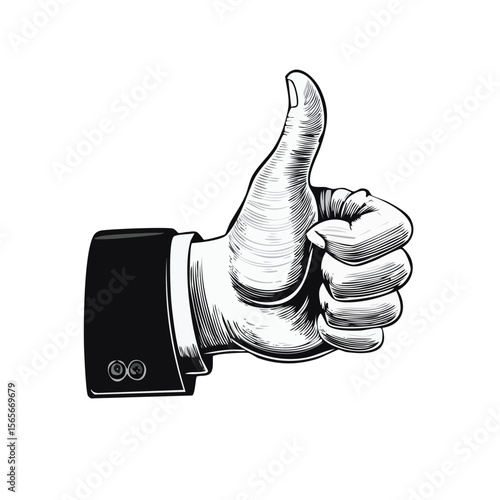 Hand gesture thumbs up in a suit coat for agreement and success isolated on black background in engraving style