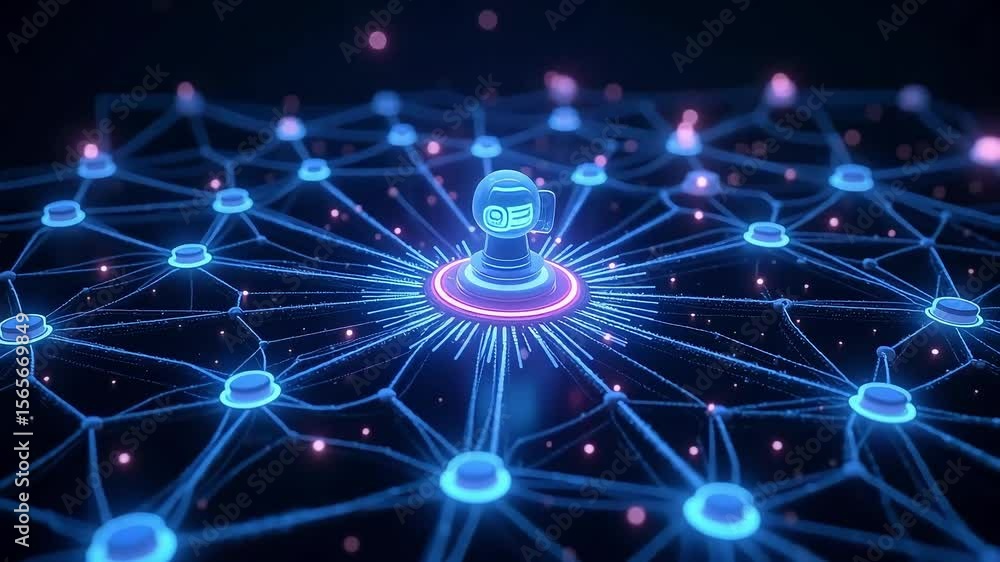 Central ai intelligence connected to a vast network of digital nodes with glowing blue lights Central ai intelligence connected to a vast network of digital nodes with glowing blue lights