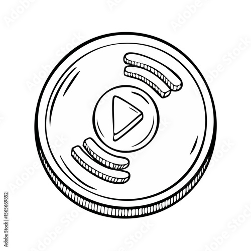 Retro Reel Tape Music Player Hand Drawn Illustration Single Object Black Background