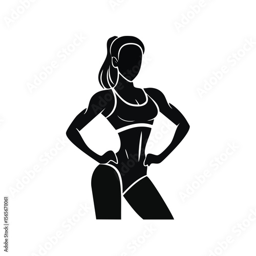 Silhouette of Strong Athletic Woman Posing in Fitness Wear on Black Background Healthy Lifestyle and Physical Exercise