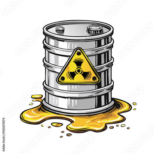 Metal Barrel Leaking Yellow Liquid with Radioactive Hazard Symbol on Black Background