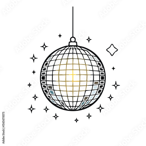 Retro Disco Ball with Sparkling Stars on Black Background Nightlife Party Concept
