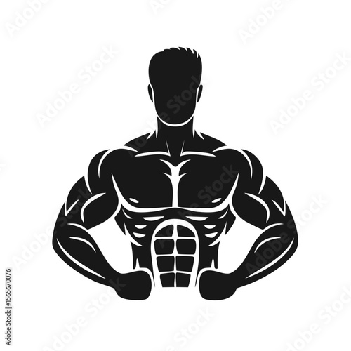 Silhouette of Strong Muscular Man with Defined Abs and Biceps on Black Background Fitness Bodybuilding and Health Concept Graphic Illustration