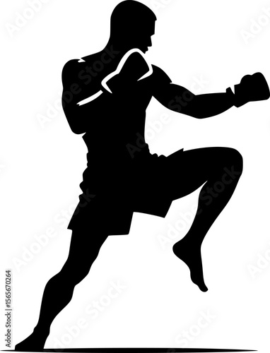 Flat black vector of a Muay Thai fighter in striking pose
