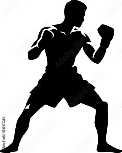 Flat black vector of a Muay Thai fighter in striking pose
