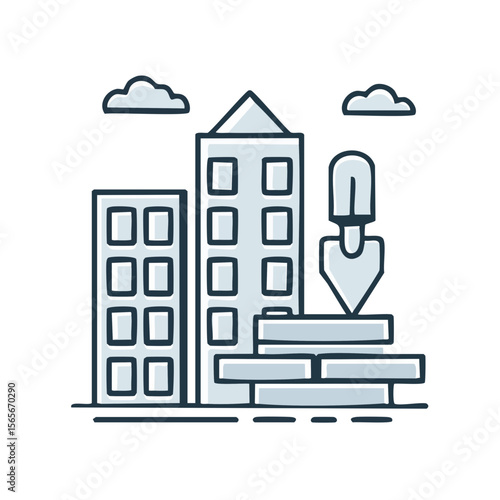 Construction and city building with bricks laid using trowel tool in front of skyscrapers with clouds vector art