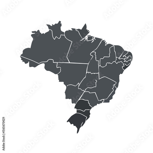 Detailed grey map of Brazil highlighting individual states and territories against black background showing geographic divisions