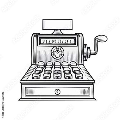 Vintage Cash Register Illustration with Handle and Buttons for Retail Transactions in Hand Drawn Style on a Black Background