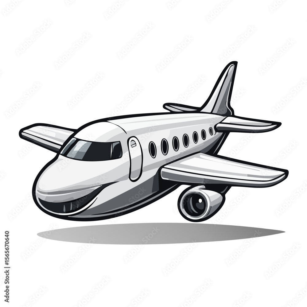 Obraz premium Cartoon airplane illustration in flight with a grayscale color scheme over a black background
