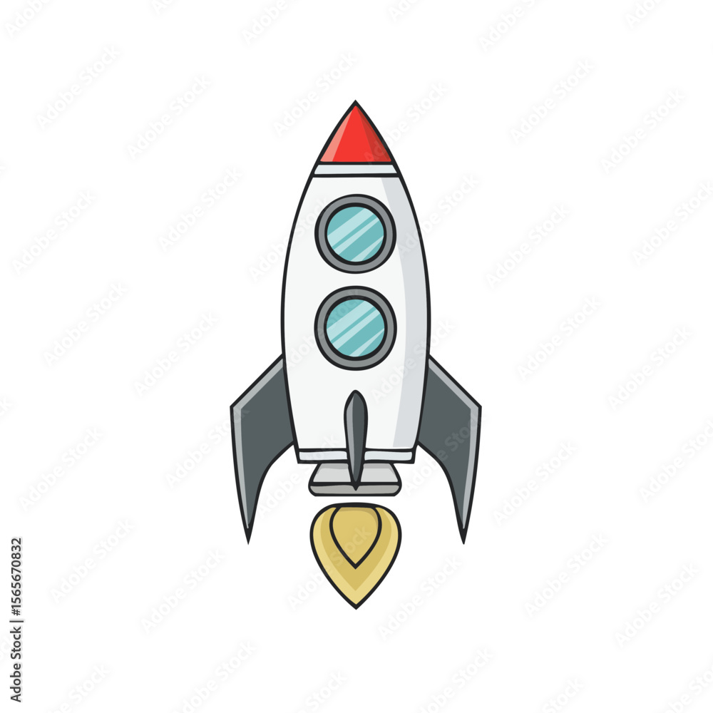 Cartoon rocket launching with fire and windows on a black background, ready for space travel Cartoon rocket launching with fire and windows on a black background, ready for space travel