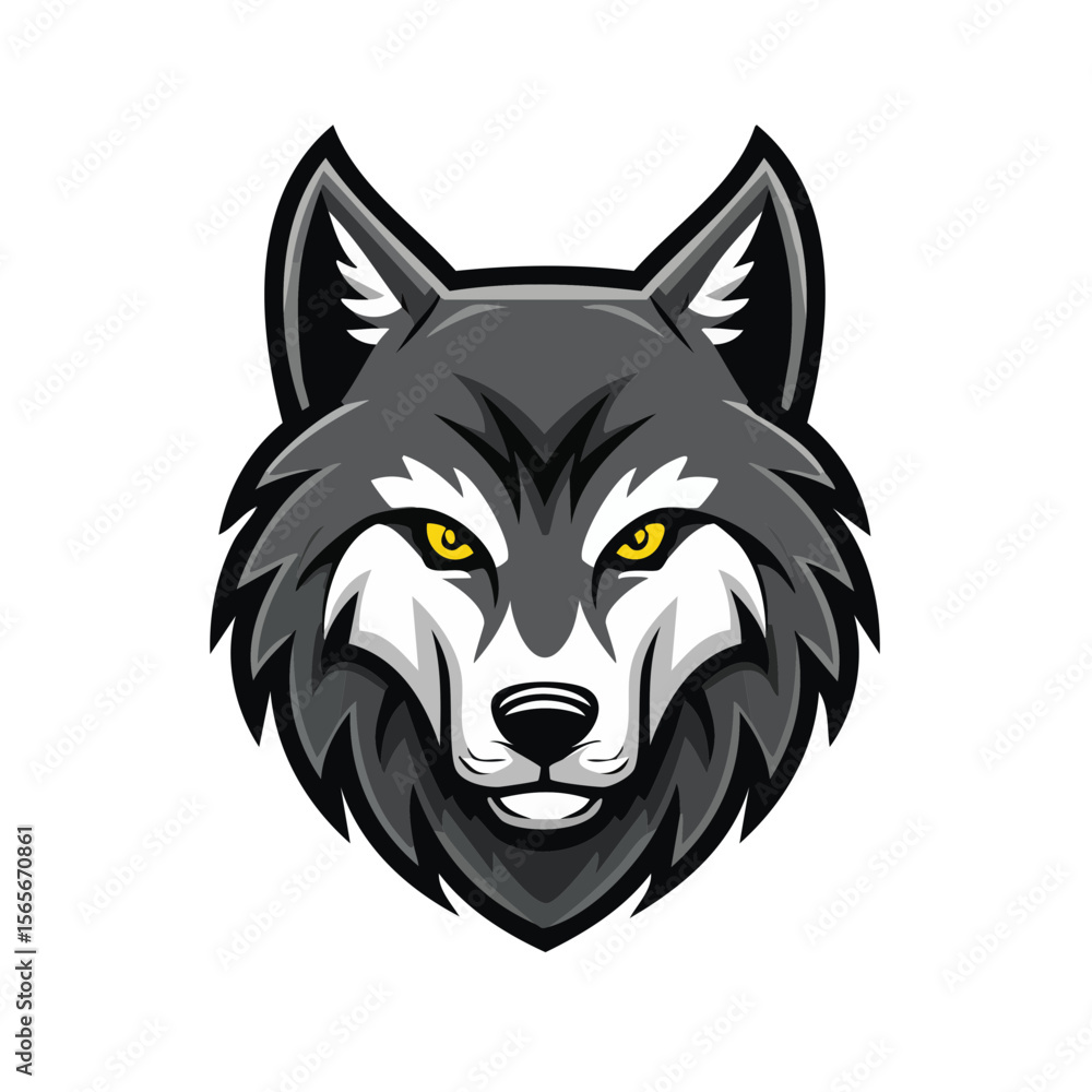 Fototapeta premium Wolf Head Illustration with Intense Yellow Eyes and a Gray Fur Coat for Digital Designs