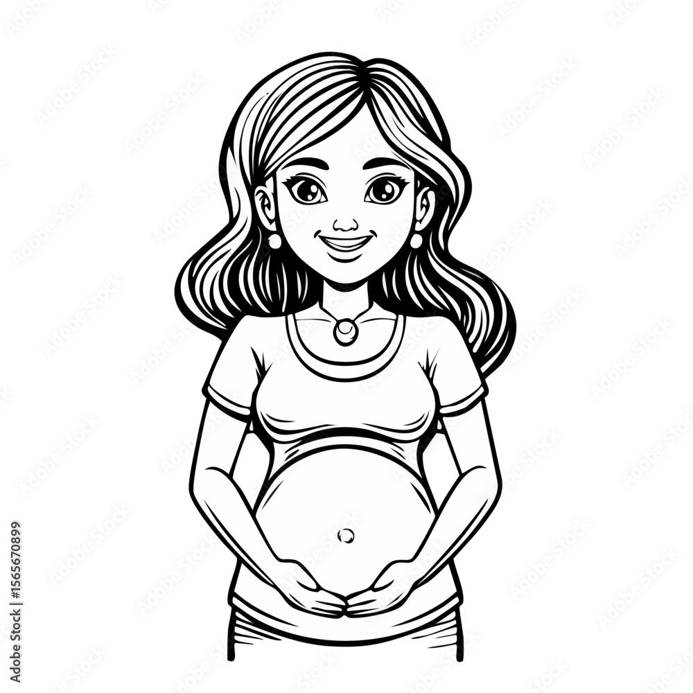 Cartoon illustration of a smiling pregnant woman touching her belly in a loving way in black and white isolated on black background Cartoon illustration of a smiling pregnant woman touching her belly in a loving way in black and white isolated on black background