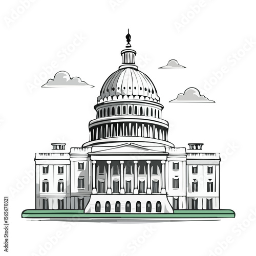 Capitol building with a dome and clouds architecture in a graphic novel style against a black background