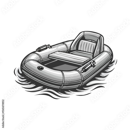 Inflatable raft floating on water in grayscale. Boat for recreation, river adventures, and water sports illustration.