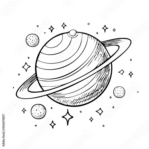 Planet with Rings and Moons Line Art in Dark Space Minimalist Celestial Design
