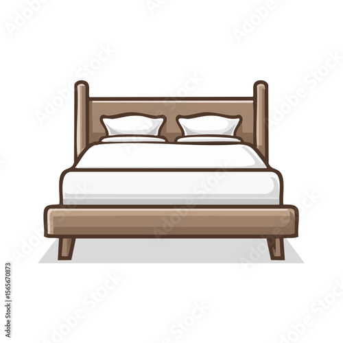 Illustration of a brown wooden bed with white sheets and pillows, bedroom furniture icon