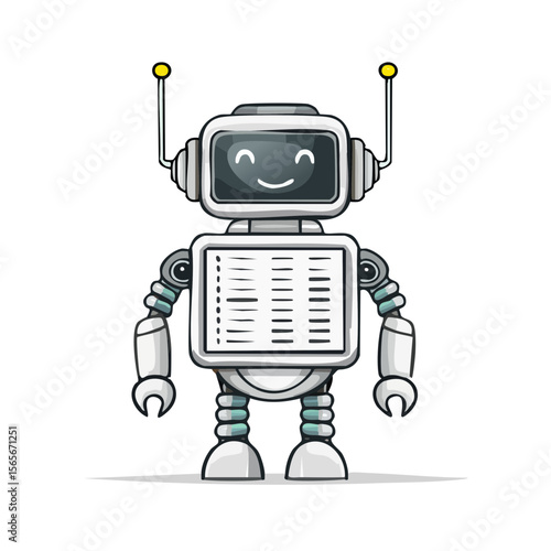 Cartoon Robot Character with Smiley Face and Antennae on a Black Background