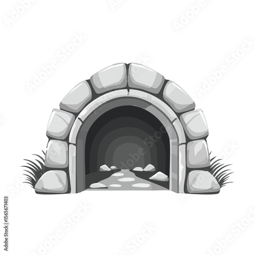Stone Cave Entrance Vector Illustration Fantasy Underground Tunnel Opening, Dark Passage with Rocks and Grass, Adventure Game Asset Concept