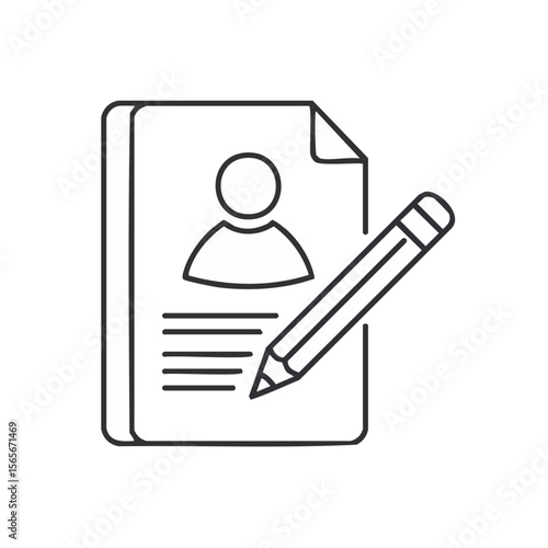 Application form icon with person symbol and pencil. Recruitment resume document, job hiring candidate information, and registration concept.