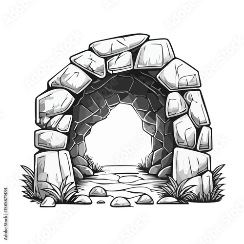 Mysterious stone cave entrance to a magical realm in monochrome vector illustration with grasses, pathway, and ancient stone structure
