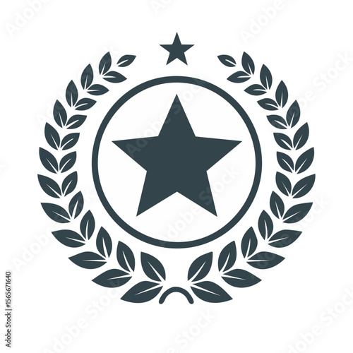 Star emblem icon in a circle surrounded by a laurel wreath design symbol badge with stars for achievement or award concept on black