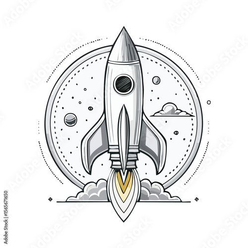 Stylized Rocket Launch Illustration Spaceship Flying Through Space with Smoke Trail and Planets