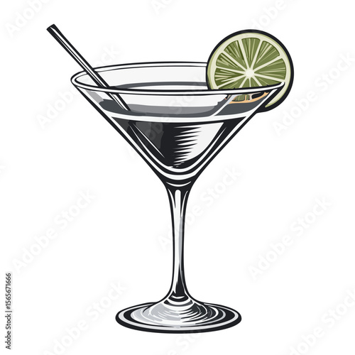 Illustration of a martini glass with a lime wedge and straw against a black background