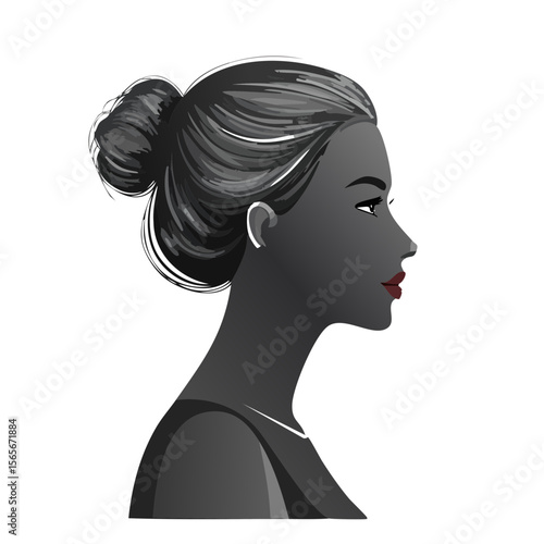 Elegant female profile, grayscale tones with red lips, stylish bun hairstyle against black background