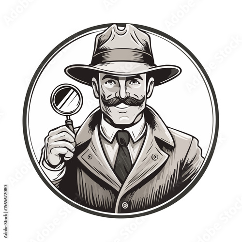 Cartoon detective icon holding magnifying glass, classic character with trench coat and fedora hat in round badge design