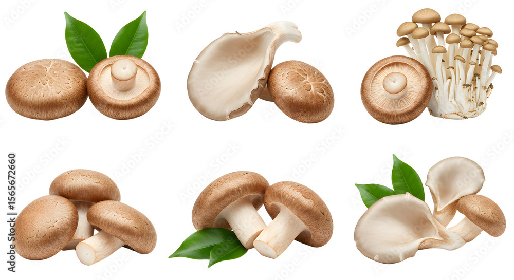 Fototapeta premium A vibrant display of various mushrooms arranged artistically with green leaves, ideal for culinary and food photography