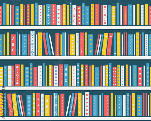 Bookshelves with Books. Seamless Sample. Fragment of the Library Interior or Bookstore. Children's books on the Shelves. Vector illustration in Blue, Yellow, Red, White