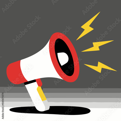 A red and white megaphone emits yellow lightning bolts, symbolizing an announcement or important message against a textured gray background.
