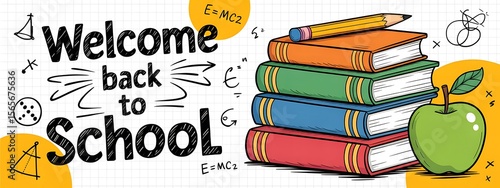Welcome back to school is written with books, an apple, and math symbols