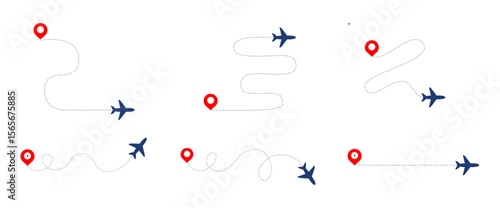 Airplane routes with dotted line collection. Flying planes with red start point. Travel concept. Vector illustration isolated on white.