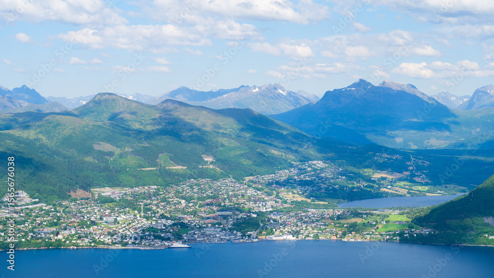 Fototapeta premium Norway. North. Panoramic view of the town in the fjord. Scandinavian architecture. Nature. Photos for backgrounds, wallpapers, postcards.