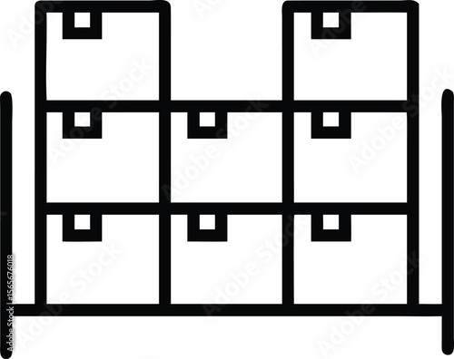 Simple outline icon of storage shelves with cardboard boxes, illustration
