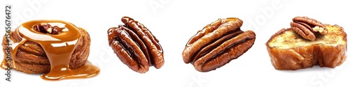 Cutout of set of 4 subjects: caramel sauce dripping onto cinnamon roll, French toast, and roasted pecans, isolated on white background