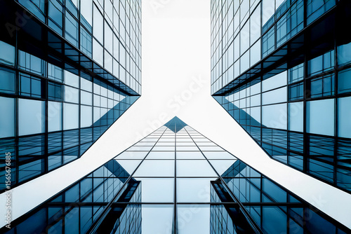 Abstract, symmetrical low-angle view of modern skyscrapers. Sleek glass lines create a powerful image of corporate success, finance, and future growth.
