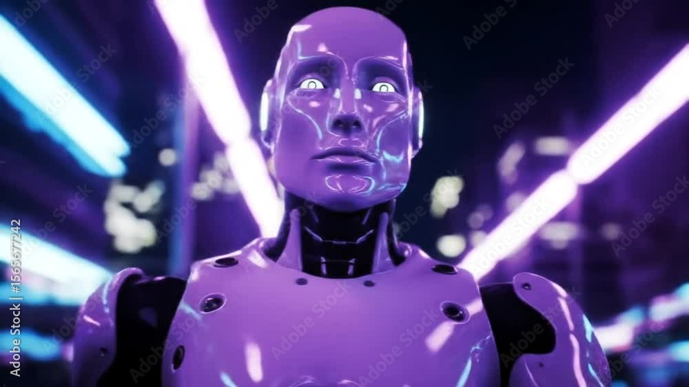 Close up of a futuristic robot in a neon lit city with glowing white eyes Close up of a futuristic robot in a neon lit city with glowing white eyes