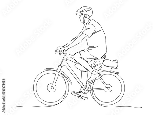 Man in helmet riding bicycle. Side view. Continuous line drawing. Black and white vector illustration in line art style.