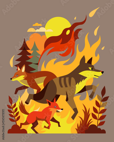 Forest animals fleeing from fire in vibrant flat illustration, showcasing dynamic movement against an orange background, capturing urgency and survival instinct