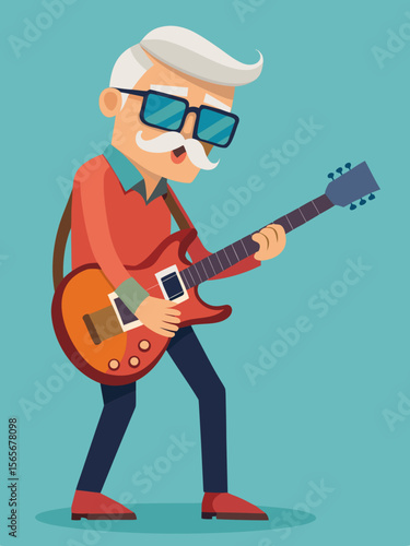 Grandpa playing electric guitar with sunglasses, showcasing a rockstar vibe, while being filmed by a camera in a vibrant flat vector illustration with copy space
