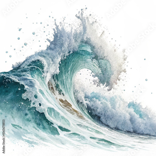 Dramatic watercolor painting of a large ocean wave crashing with foam and spray on a white background created with generated ai