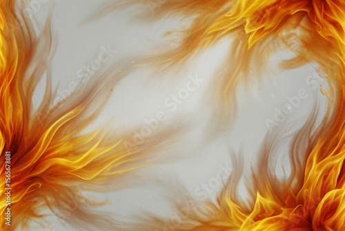 Abstract fire frame with vibrant orange and yellow flames against a light gray background design created with generated ai