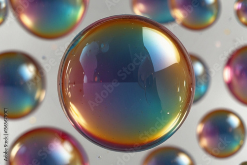 Iridescent soap bubbles floating in a cluster with rainbow reflections and a light gray background scene created with generated ai