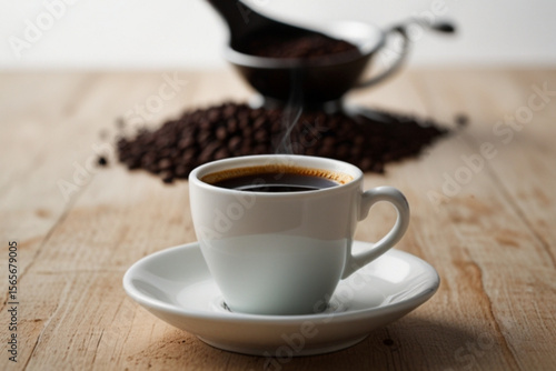 Aromatic coffee cup on saucer with coffee beans and gravy boat on a wooden table background scene created with generated ai