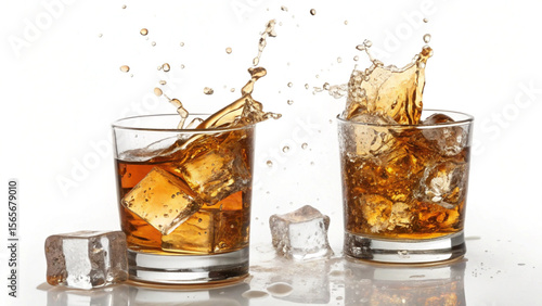 Two glasses of whiskey with ice cubes creating a splash on a white background in a studio shot created with generated ai