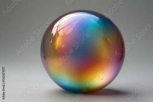 Iridescent sphere reflecting rainbow colors with a glossy surface and smooth gradients on a gray background created with generated ai